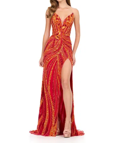 Ashleylauren Fully Beaded Lace-up Back Prom Dress In Orange/red