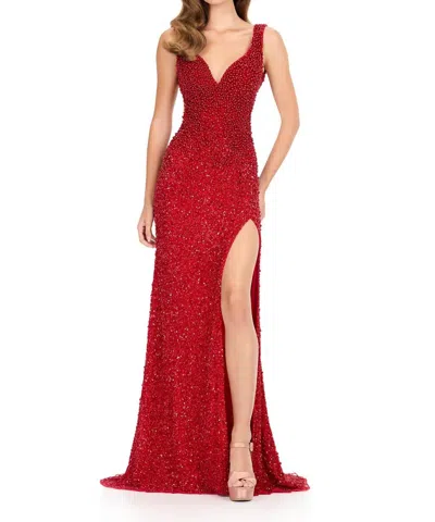 Ashleylauren Fully Beaded Open Back Gown In Red