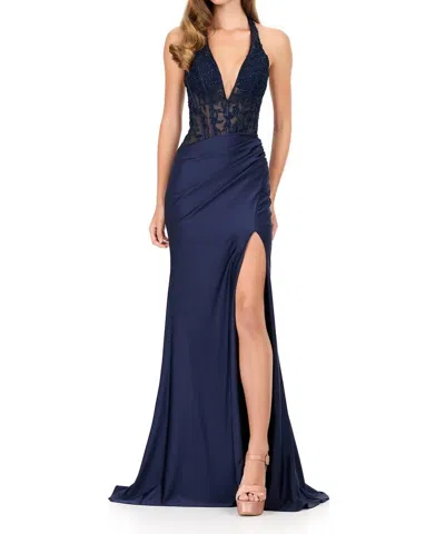 Ashleylauren Halter Embroidered Lace Bodice Gown In Navy In Black