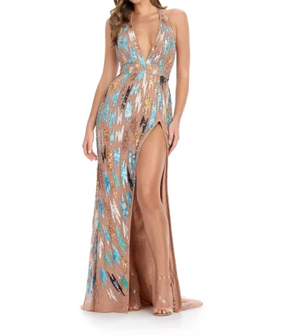 Ashleylauren Halter Fully Beaded Gown With Slit In Nude In Multi