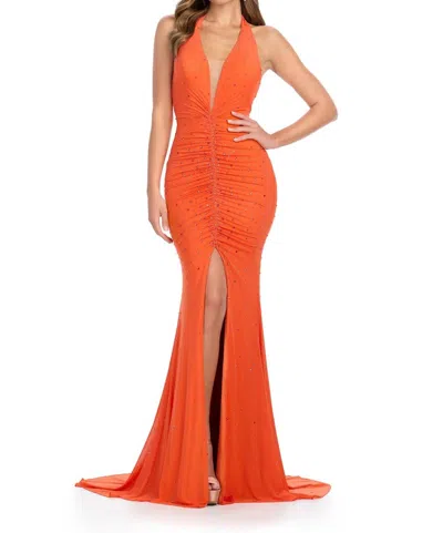 Ashleylauren Halter Gown With Press On Stones In Orange