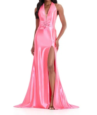 Ashleylauren Halter Shimmer Jersey Gown In Pink
