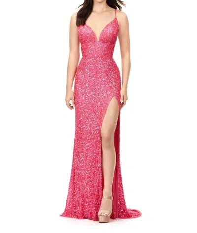 Ashleylauren Hand Beaded V Neck Gown In Electric Watermelon In Pink