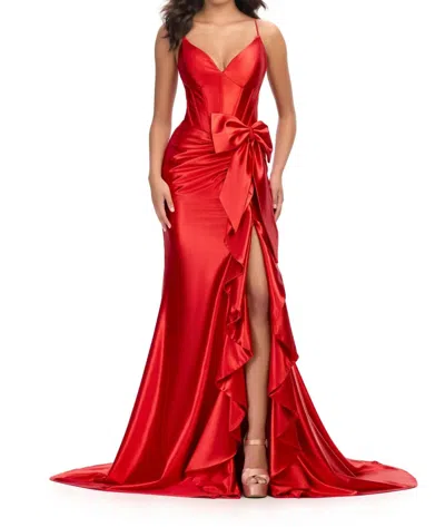 Ashleylauren Romantic Shimmer Bow Strap Jersey Gown In Red