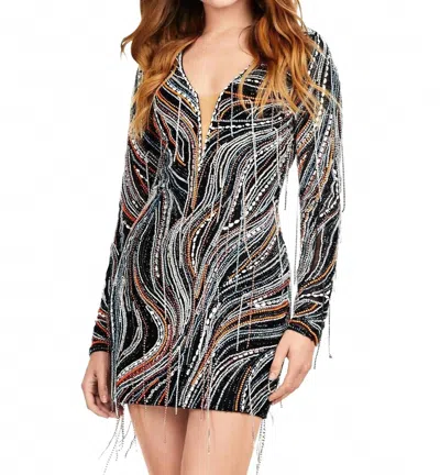 Ashleylauren Long Sleeve Beaded Fringe Cocktail Dress In Black Multi
