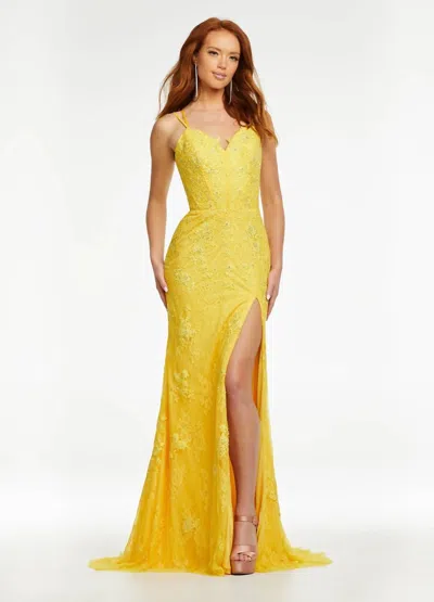 Ashleylauren Luscious Lace Gown With Slit In Yellow