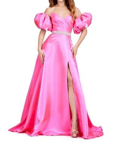 Ashleylauren Off Shoulder Puff Sleeve Satin Gown In Hot Pink