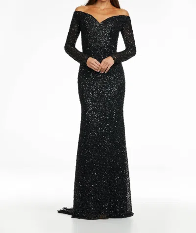 Ashleylauren Off The Shoulder Sequin Gown In Black