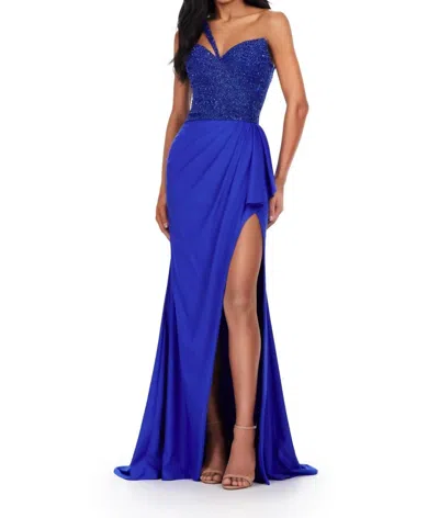 Ashleylauren One Shoulder Jersey Beaded Gown In Royal In Blue