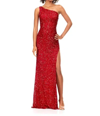 Ashleylauren One Shoulder Keyhole Back Sequin Gown In Electric Red