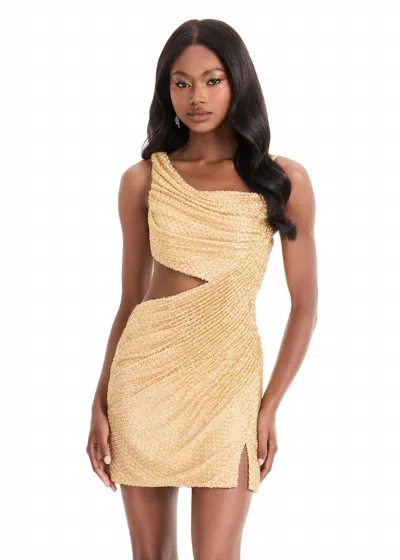 Ashleylauren One Shoulder Rutched Mini Dress In Gold