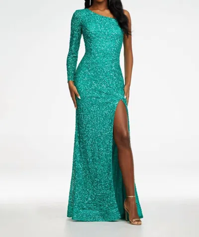Ashleylauren One Shoulder Sleeve Prom Dress In Jade In Blue