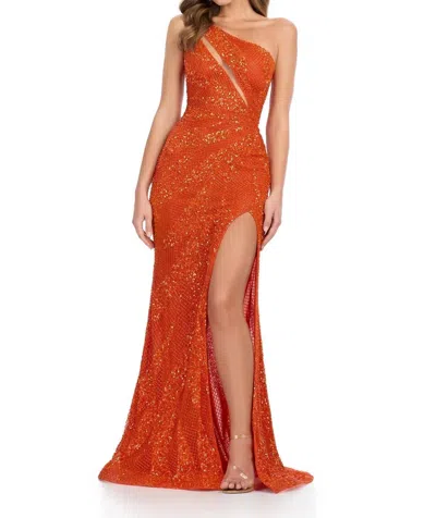 Ashleylauren One-shoulder Cut Out Fully Beaded Gown In Orange