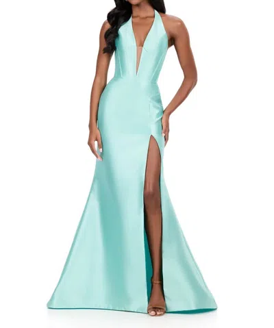 Ashleylauren Plunging Halter Neckline Mikado Prom Dress In Aqua In Blue