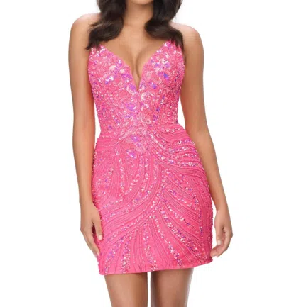 Ashleylauren Plunging V Neck Beaded Mini Dress In Bright Pink