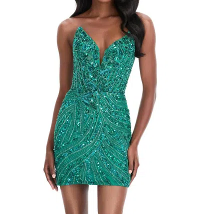 Ashleylauren Plunging V Neck Beaded Mini Dress In Jade In Green
