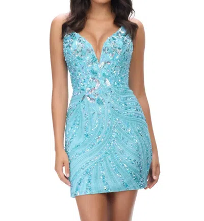 Ashleylauren Plunging V Neck Beaded Mini Dress In Sky Blue