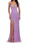 Ashleylauren Plunging V-neck Sequin Prom Gown In Orchid In Pink