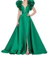 Ashleylauren Ruffle Sleeve Prom Dress In Emerald In Gold