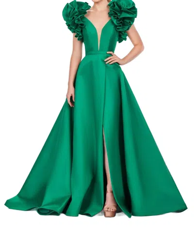 Ashleylauren Ruffle Sleeve Prom Dress In Emerald In Gold