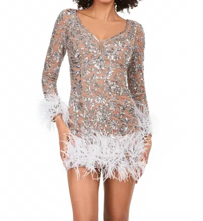 Ashleylauren Sequin Cocktail Dress With Feathers In Silver In White