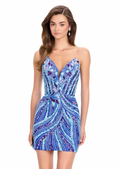 Ashleylauren Sequin Strapless Mini Dress In Sky/royal In Multi