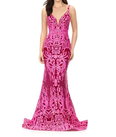 Ashleylauren Spaghetti Strap Stretch Sequin Gown In Burgundy In Pink