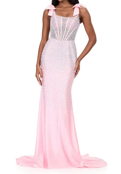 Ashleylauren Square Neck Pearl Embellished Prom Dress In Ice Pink In Multi