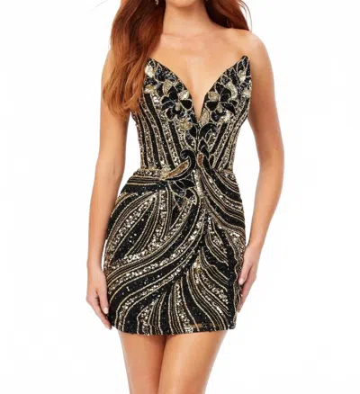 Ashleylauren Strapless Beaded V-neckline Cocktail Dress In Gold Black