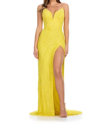 Ashleylauren Strapless Bustier Gown With Slit In Yellow