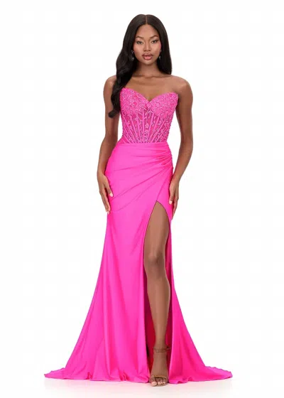 Ashleylauren Strapless Lace Embroidered Gown In Hot Pink