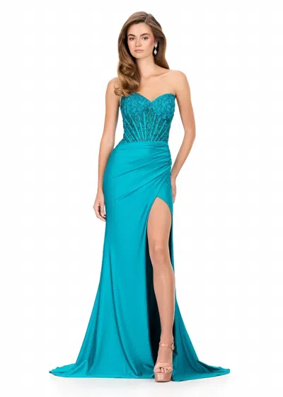 Ashleylauren Strapless Lace Embroidered Gown In Teal In Blue