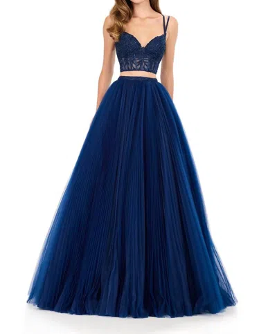 Ashleylauren Structured Lace Crop Gown With Tulle Skirt In Navy In Blue