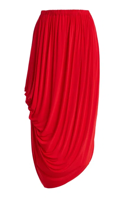 Ashlyn Asymmetrical Cascade Jersey Midi Dress In Red