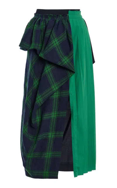 Ashlyn Cascade Plaid Linen Midi Skirt In Green