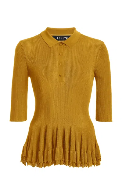 Ashlyn Half-sleeve Knit Polo In Gold