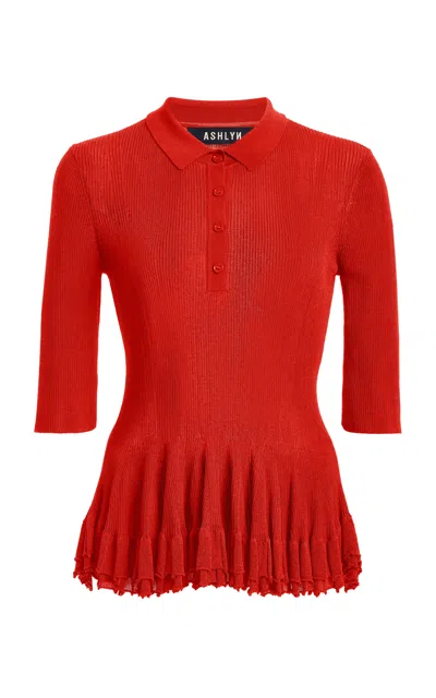 Ashlyn Half-sleeve Knit Polo In Red