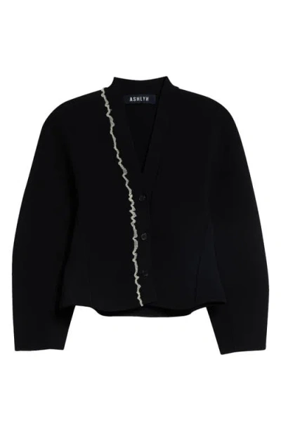 Ashlyn Henry Asymmetric Ruffle Cardigan In Black
