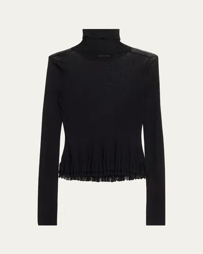 Ashlyn Meritt Ruffle Sheer Rib Turtleneck Sweater In Black