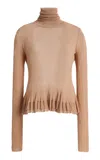Ashlyn Merritt Sheer-hem Peplum Turtleneck In Brown