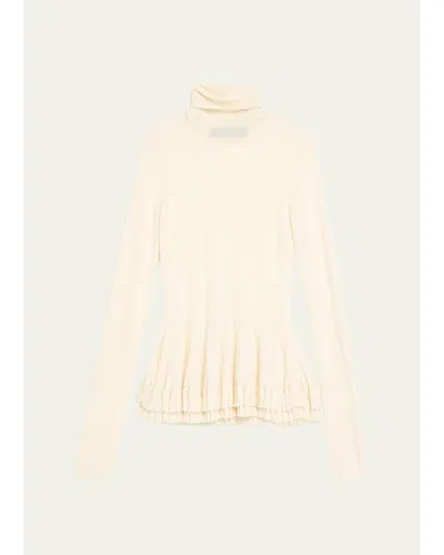 Ashlyn New Diamond Merino Wool-silk Turtleneck Ruffle Top In White
