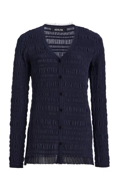 Ashlyn Smocked Cotton-blend Cardigan In Blue