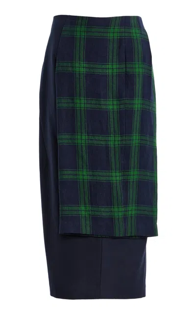 Ashlyn Twisted Plaid Cotton Midi Skirt In Blue