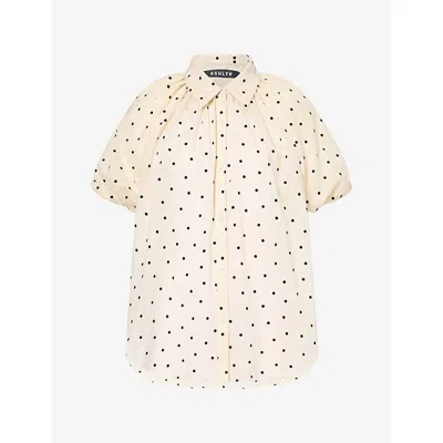 Ashlyn Womens Charlie Puff-sleeves Cotton Shirt Blk Dots On Beige