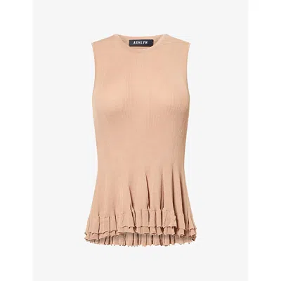 Ashlyn Womens Greer Sheer Crew-neck Woven Top Tan Xs