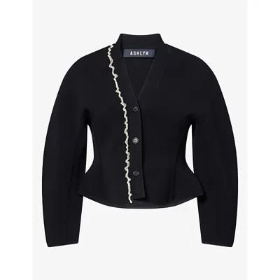 Ashlyn Womens Henry Ruffle Woven Cardigan Black
