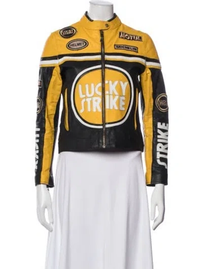 Pre-owned Ashy London Leather Graphic Print Biker Jacket In Yellow