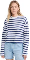 Askk Ny Cropped Long Sleeve Stripped Tee In Navy Thin Stripe In Thin Navy Stripe