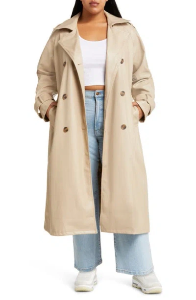 Asos Design Curve Faux Leather Trench Coat In Beige