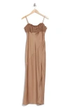 Asos Design Frill Satin Gown In Brown